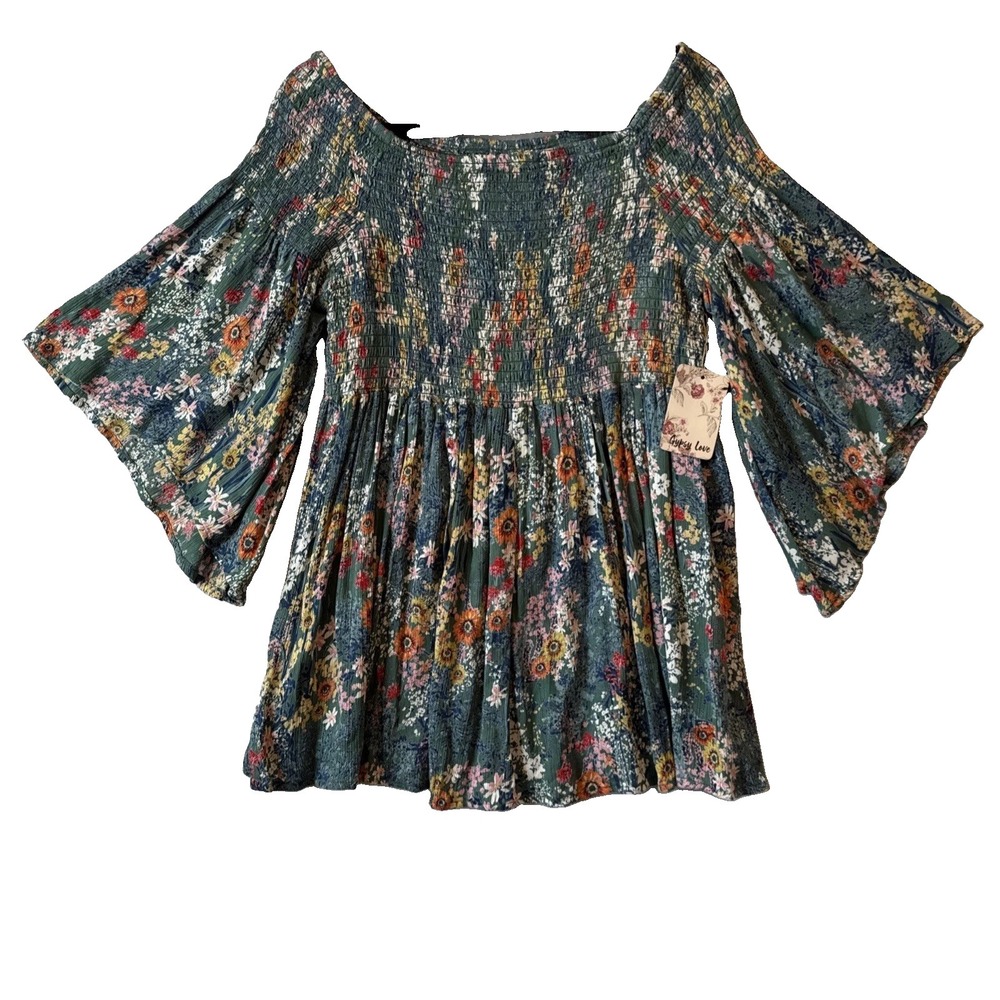 Gypsy Love NWT Green Floral Smocked Off Shoulder Flare Sleeve Tunic Top XL Boho